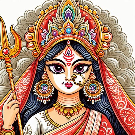 Maa Durga Digital Art, Maa Durga Illustration, Durga Mata Drawing Easy, Durga Goddess Drawing, Durga Digital Art, Maa Durga Drawing Sketch, Drawing Of Durga Maa, Durga Maa Mandala Art, Durga Acrylic Painting