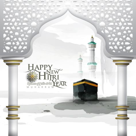 Download this Premium Vector about Happy New Hijri Year Greeting Islamic Illustration watercolor Background vector design with kaaba, and discover more than 15 Million Professional Graphic Resources on Freepik Happy Hijri New Year, New Hijri Year, New Islamic Year, Hijri New Year Greetings, Islamic New Year Design, Islamic New Year Poster, Islamic Background 16:9, Hajj Background Design, Islamic New Year Images