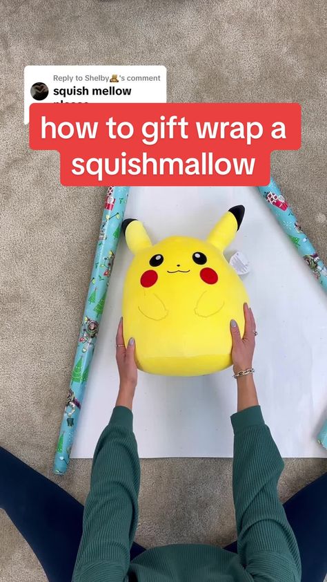 Wrapping Squishmallows, Diy Present Wrapping Ideas, Wrapping A Pillow As A Gift, How To Gift Wrap Plushies, Pillow Gift Wrapping Ideas, Wrap A Pillow As A Gift, How To Gift Wrap A Squishmallow, How To Wrap Plushies, Wrapping Sweater Gift