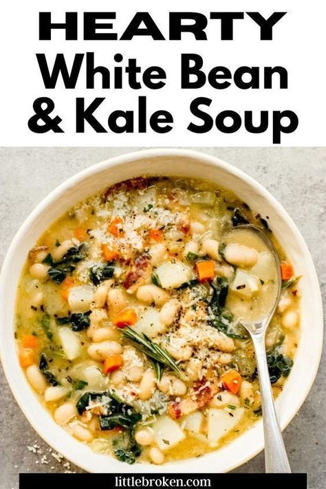 Cozy up to this Tuscan white bean and kale soup with bacon, cannellini beans, fresh rosemary, and lacinato kale. It’s hearty, thick, and crazy flavorful. Bean Kale Soup, White Bean And Kale Soup, White Bean Kale, Bean And Kale Soup, White Bean And Kale, White Bean Kale Soup, Veggie Soup Recipes, Lacinato Kale, Parmesan Cheese Crisps