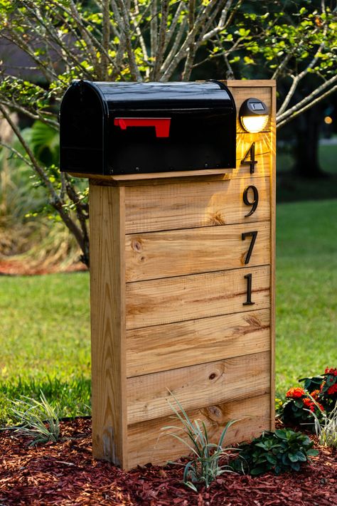 Wood And Metal Mailbox Post, Mailbox And Package Ideas, Mailbox Post With Solar Light, Amazon Mailbox Ideas, Diy Mailbox Upgrade, Mid Century Mailbox Diy, Pallet Mailbox Ideas Diy, Two Mailbox Post Ideas, Modern Wood Mailbox Ideas