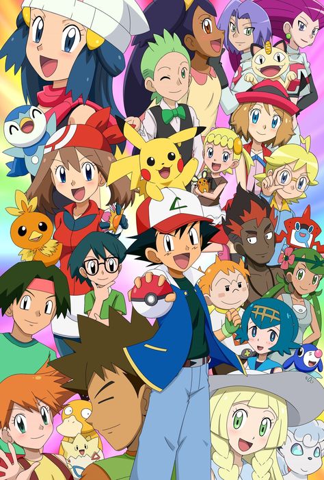 Ash's Pokemon, Pokemon Bonnie, Iris Pokemon, Satoshi Pokemon, Pokemon 100, Pokemon Fabric, Pokemon Ash And Serena, Pokemon Movies, Pokemon Poster