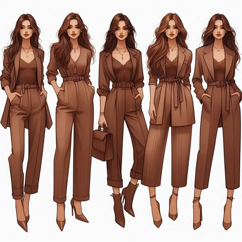 Brown outfits lookbook. #capsulewardrobe #bown #style #women Journalist Clothes, Shades Of Brown Outfit, Earth Colors Outfit, Sirens Fashion, Academia Aesthetic Outfit, Fashion Show Poster, Brown Outfits, Dress Illustration, Fashion Drawing Dresses