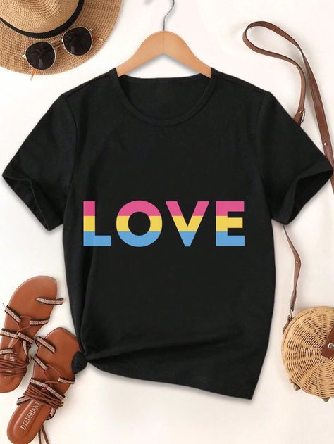 Pansexual Pride Lovers T-Shirts LGBTQ+ Rainbow Love Tees For Women Black Casual,Cute,Party  Short Sleeve Knitted Fabric Cartoon,Geometric,Letter  Medium Stretch Summer Women Clothing, size features are:Bust: ,Length: ,Sleeve Length: Lgbtq Rainbow, Pansexual Pride, Tees For Women, Black Casual, Summer Women, Womens Tees, Women Clothing, Knitted Fabric, Womens Tops