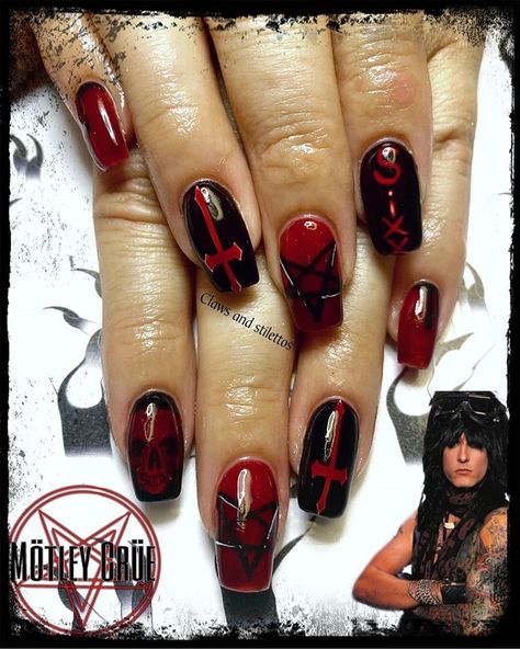 Rock And Roll Acrylic Nails, Red Rockstar Nails, Gothic Red And Black Nails, Juggalo Nails, Motley Crue Nails, Rockstar Nails Aesthetic, Rocker Nails Designs, Rockstar Nails Acrylic, Slipknot Nails