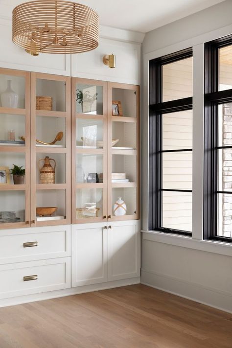 Wednesday Watch List Bria Hammel, Oak Display Cabinet, Style Me Pretty Living, White Shaker Cabinets, Stained Oak, Built In Cabinets, Shop Interiors, White Cabinets, Cabinet Design