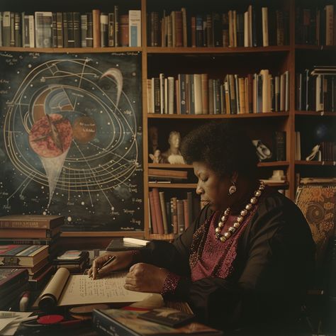 Try this in Midjourney :  Octavia Butler sitting at a desk writing her next written work. Behind her is a shelf filled with science fiction books. There is a drawing on the wall that depicts the solar system. --v 6.0   #aiart #midjourney #blackhistorymonth Writing Aesthetic Black Woman, African Dark Academia, Black Scholar Aesthetic, Female Professor Aesthetic, Black Academia Aesthetic, Professor Aesthetic, Female Professor, Black Academia, Octavia Butler