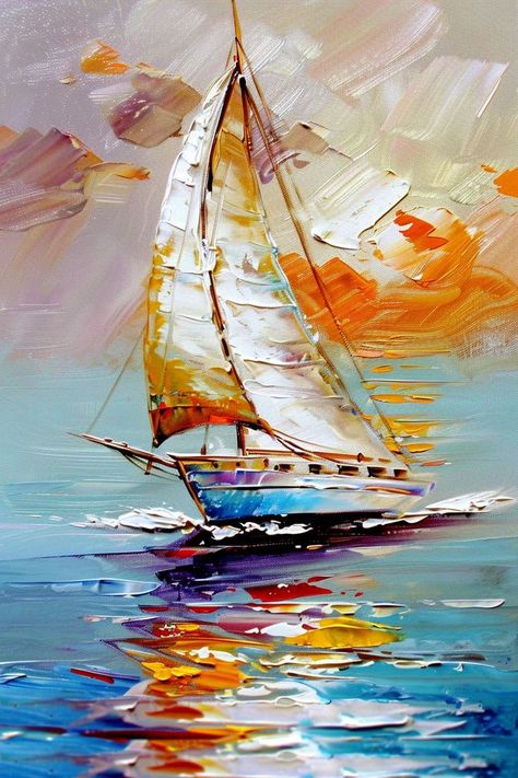 Windmills Painting, Portugal Painting, Boat Painting Acrylic, Sailing Painting, New York Painting, Ship Sailing, Birch Tree Art, Boat Drawing, Gold Art Painting