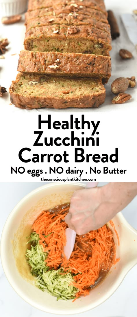 This healthy Zucchini Carrot Bread recipe is incredibly moist and flavorful loaded with shredded carrots, zucchini, fall spices like cinnamon, nutmeg and crunchy pecans. Bonus, this healthy carrot bread contains no eggs, no dairy or butter and only wholesome ingredients. Zucchini Carrot Cake, Zucchini Carrot Bread, Carrot Zucchini Bread, Apple Zucchini Bread, Zucchini Vegan, Carrot Bread Recipe, Carrot Zucchini Muffins, Vegan Zucchini Bread, Vegan Journey