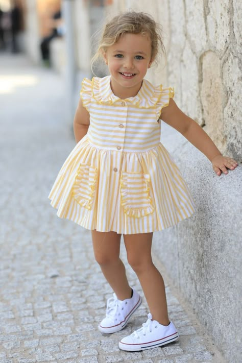 Dress With Peter Pan Collar, Yellow Striped Dress, Yellow Candy, Spain Spanish, Stripes Dress, Spotted Dress, Summer 22, Frocks For Girls