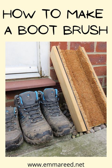 With the many muddy walks we’ve been on recently, my hallway was starting to look worse for wear and I was getting frustrated with the amount of vacuuming I was doing. As we had recently put down a new front door mat (thanks to the puppy!) I had some offcuts left over which I was keeping hold of because I just knew I could make them come in handy in some way… And that’s exactly how this idea came to mind. Here is how to make a boot brush: Boot Brush Scraper Diy, Diy Boot Brush, Mud Boots, Boot Brush, New Front Door, Diy Shoe, Easy Diy Ideas, Front Door Mat, Front Door Mats