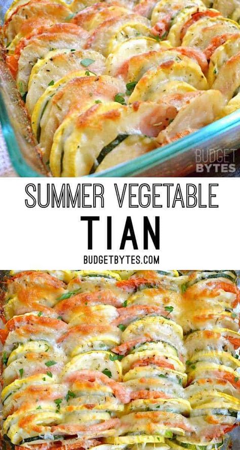 Fresh summer vegetables and savory herbs are layered together then topped with cheese before baking to perfection in this Summer Vegetable Tian. BudgetBytes.com Summer Vegetable Gratin, Sliced Vegetable Bake, Country Vegetable Dinner, Summer Veggie Casserole, Meals With Fresh Vegetables, Veggies Most Recipes, Layered Vegetable Bake, Desserts With Vegetables, Vegtables Dishes Summer