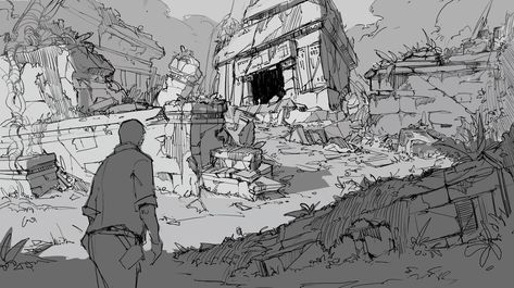 Village Perspective Drawing, Background Refrence Images, How To Draw Environments, Environment Concept Art Sketch, Building Perspective Drawing, Composition Environment, Manga Environment, Nature Background Drawing, Ruins Drawing