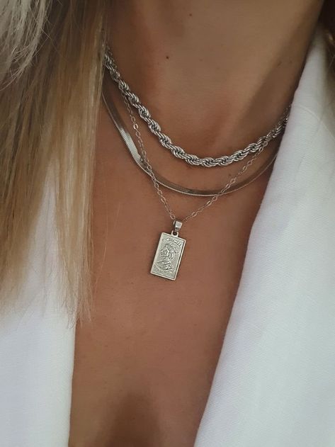 Silver Herringbone Chain, Silver Chain Layering, Stacked Chains Layered Necklace, 3 Necklace Set, Stackable Silver Necklace, Silver Chain Necklace For Women Layered, Silver Rope Necklace, Silver Necklaces Chunky, Gold And Silver Layered Necklaces