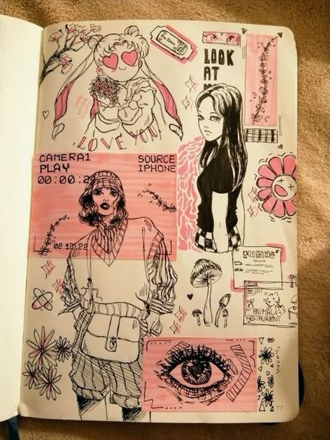 Sketch Book Diary, Easy Fun Sketches, Sketchbook Aesthetic Art Journals, Sketchbook Goals Page, Filled Up Sketchbook Page, Two Page Drawings, Scretchbook Idea, Art Spreads Sketchbook, Sketchbook Doodles Aesthetic