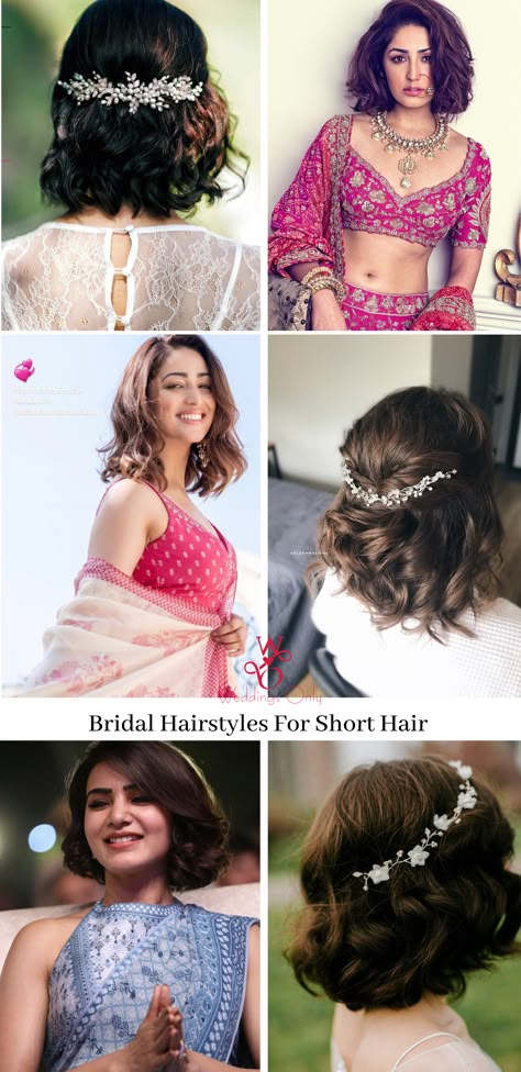 Unique bridal hairstyle ideas for short hair that are trending this wedding season in 2020. Short hair hairstyle for bridesmaid and Indian brides. #shorthairhairstyle #bridalhairstyleideas #bridalinspiration #indianwedding #indianbride #bridaloutfit #hairstyle #weddinghairstyle #weddingideas #uniquebridalhairinspiration #bridalhairandmakeup #hairstyleideas#bridesmaidshairstyleideas #bridalhair #bridalbun #hairstylesforlonghair #braids #curls #haircuts #trendyhaircuts #shorthairhaircuts Small Hair Hairstyles Wedding, Gown Hairstyle For Short Hair, Bride Hairstyles For Short Hair Curls, Hairdo For Short Hair Wedding Indian, Party Hairstyles For Short Hair Indian, Short Hairstyles On Indian Wear, Hairstyle For Gowns Indian, Wedding Hairstyles Indian Short Hair, Short Hairstyles For Wedding Indian