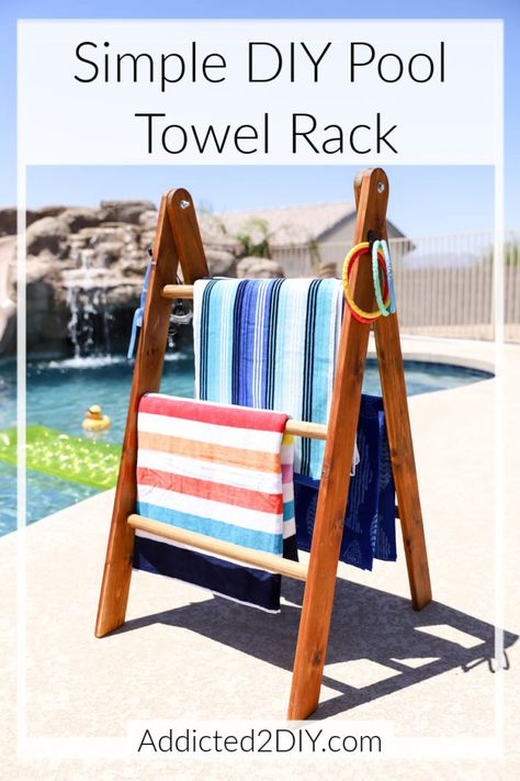 Pool Towel Rack Diy, Pool Towel Holders, Outdoor Towel Rack, Towel Rack Pool, Diy Towel Rack, Pool Storage, Diy Towels, Pool Steps, Pool Fun