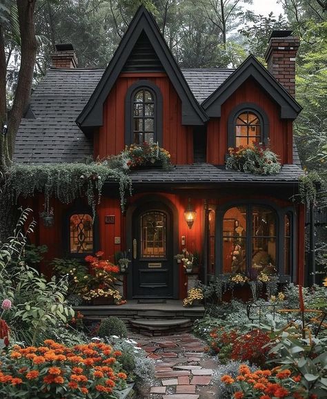 Victorian Cabin, Red House Exterior, Witchy House, Whimsical Cottage, Fairytale House, Log Cabin Rustic, Cottage Retreat, Dream Cottage, Fantasy House