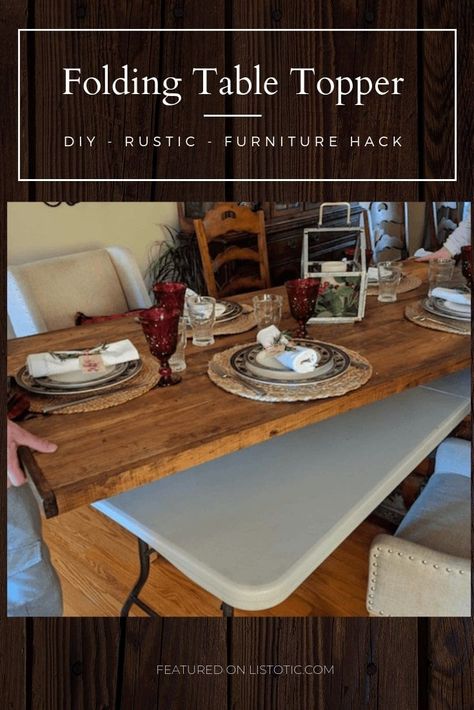 Easy DIY tutorial to upcycle an ordinary old folding table in to a charming rustic wood folding table topper. Perfect for extra seating in the dining room table or for a large celebration like a wedding, thanksgiving or kids birthday party. Rustic reusable diy folding table makeover adds elegance and comfort in the place of a boring folding table and disposable plastic table cloth. #diyfoldingtable #diy #rusticdecor #farmhousedecor #partytime #partydecor #parties #thanksgiving #familytable Wood Table Cover Diy, Wooden Table Cover, Wood Table Cloth, Wood Table Topper, How To Add Extra Seating To Dining Table, Wood Top For Folding Table, Folding Table Wood Cover, Foldable Dining Table Diy, Folding Table Topper Diy