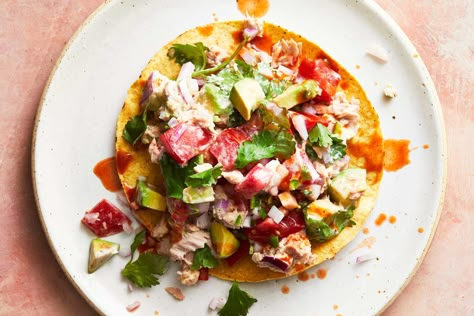 Spicy Tuna and Avocado Tostadas  Recipe Avocado Tostadas, June Recipes, Tuna And Avocado, Tostadas Recipe, Grilled Sweet Corn, Slow Carb, Chunky Guacamole, Food Seafood, White Bean Salad