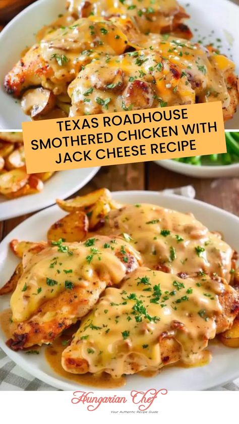 Texas roadhouse smothered chicken with jack cheese recipe – Hungarian Chef Good Southern Meals, Texas Roadhouse Bbq Chicken, Main Dishes For Dinner Chicken, Southern Chicken Dinner Recipes, Easy Chicken Supper Ideas, Texas Menu Ideas, Week Supper Ideas, Desperate Housewives Recipes, Chicken And Pepper Jack Cheese Recipes