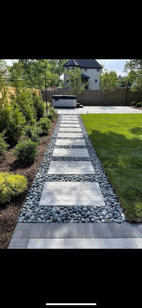 Easy Pathways Walkways, Small Parking Pad In Front Of House, Big Pavers Walkways, Uneven Yard Ideas Backyards, Side Of House Walkway Ideas, Stone Walkways Paths Diy, Diy Pavers Walkway, Front Walkway Landscaping Entryway, Paver Walkway Ideas