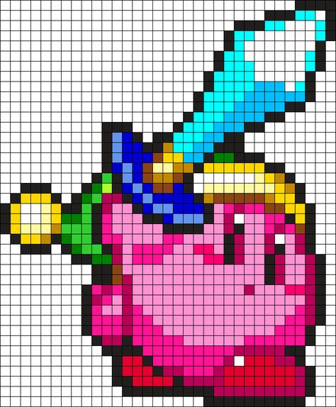 Sword Kirby Perler Bead Pattern / Bead Sprite Pixel Art Kirby, Small Kirby Perler Beads, Kirby Perler Bead Patterns, Kirby Kandi Pattern, Kirby Pixel Art 32x32, 8 Bit Kirby, Kirby Pearl Beads, Grille Pixel Art, Pixel Art Minecraft