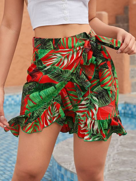 Tropical Print Ruffle Hem Wrap Skirt Hawaiian Skirt Wrap, Tropical Skirt Outfit, Tropical Print Outfit, Dr Ideas, Hawaiian Skirt, Tropical Print Skirt, Tropical Skirt, Island Wear, Clothing Store Design