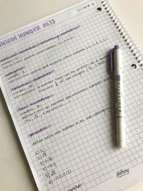 Math notes for Common Number Sets (09/08/18)💜   Utensils Used: - Zebra Mildliner (Highlighter/Violet)  - FriXion Ball Erasable Pen (Pilot/Black) Mildliner Ideas, Midliner Markers, Zebra Midliners, Mildliner Highlighters, School Storage, Erasable Pen, Irrational Numbers, Journal Lettering, Zebra Mildliner