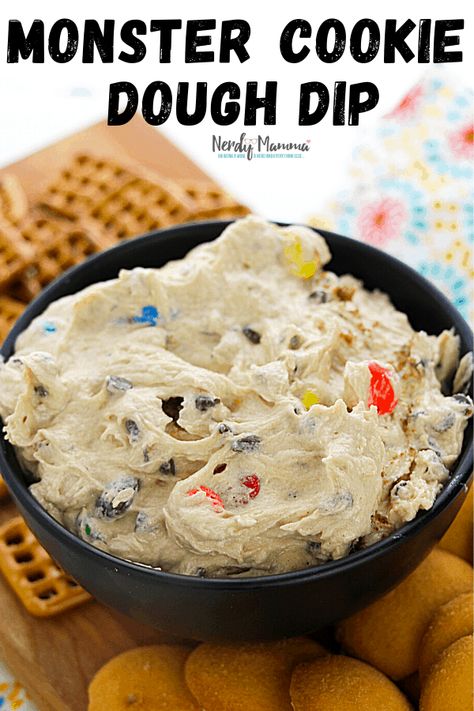 Monster Cookie Dough Dip - Monsterifically Delicious Dip - Nerdy Mamma Cookie Monster Dip, Dinosaur Dip, Monster Cookie Dip, Monster Dip, Monster Cookie Dough Dip, Cookie Dough Dip Recipe, Monster Cookie Dough, Breakfast Tart, Dips Recipes