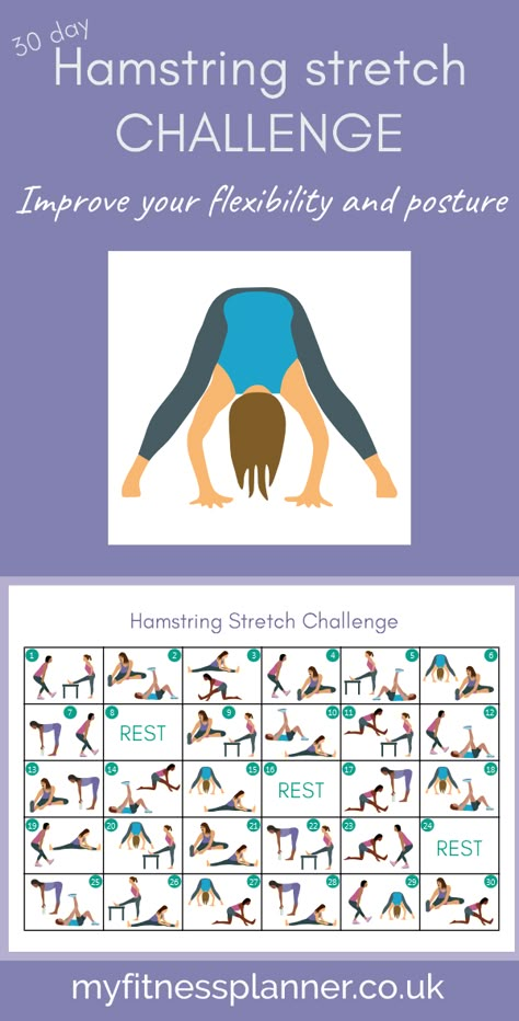 Stretch Challenge 30 Day, 30 Day Stretch Challenge Flexibility, Flexibility Challenge 30 Day, Stretching Challenge, Best Hamstring Stretches, Fitness Planner Ideas, Stretch Challenge, Hamstring Stretches, Flexibility Challenge