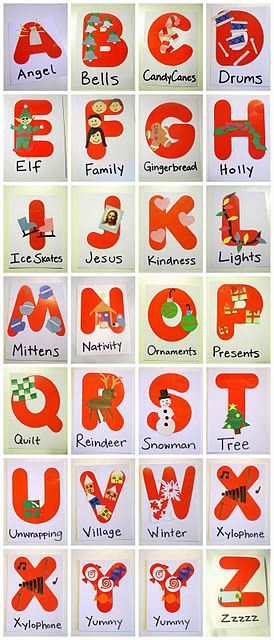 Cute Christmas alphabet...a little late for this year but maybe next with unfortunately having to change out Jesus for J Letter Crafts, Alfabet Letters, Christmas Kindergarten, Christmas Letter, Christmas Alphabet, 4 December, Christmas Activities For Kids, Christmas School, Christmas Words