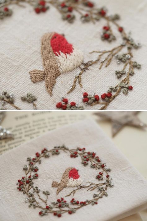 Christmas Wreaths Embroidery, Scandinavian Christmas Embroidery, Robin Embroidery Pattern, Vintage Christmas Embroidery Patterns Free Printable, Small Christmas Embroidery, Embroidery Ornaments Diy, Vintage Christmas Embroidery, Free Christmas Embroidery Patterns, Robin Embroidery