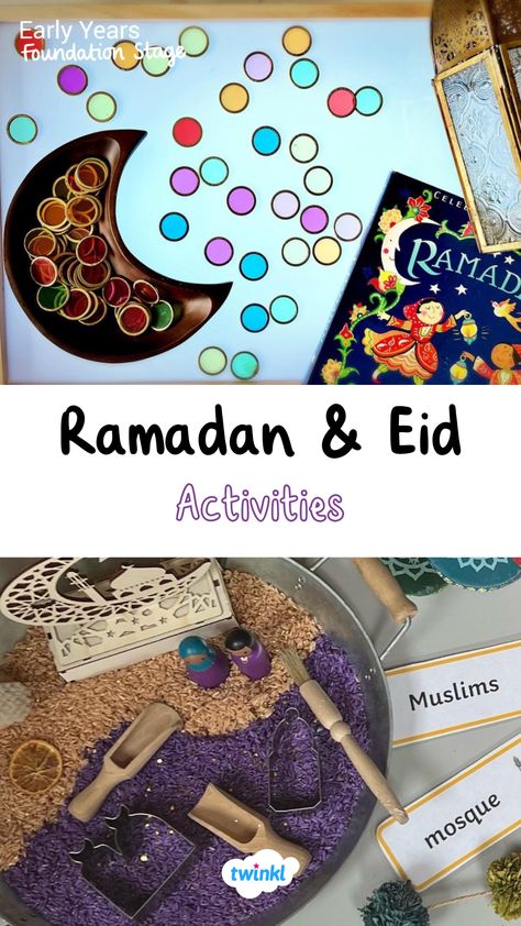 Click for more eid and ramadan activities for eyfs. Thanks to @sensoryplaymyway Nickie's Nippers Childcare Ramadan Sensory Bin, Eid Tuff Tray Ideas, Eid Activities For Babies, Eid Activities Eyfs, Ramadan Activities For Toddlers, Ramadan Preschool, Ramadan Preschool Activities, Ramadan Activities Eyfs, Eid Activity For Kindergarten