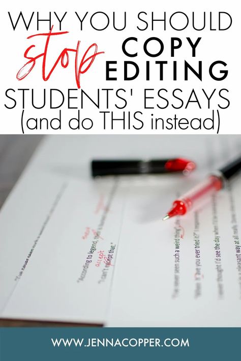 If you're overwhelmed with grading student essays, this blog post is for you! In it you'll learn four alternatives to copy editing student essays to save you time grading their papers and improve their writing outcomes. Strategies and ideas include a writing comment bank, peer review success, and grammar and mechanics min-lessons. How To Add More Words To An Essay, Essay Grading Comments, How To Start A Persuasive Essay, Persuasive Essay Examples High School, Peer Editing Checklist Middle School, Teaching Thesis Statements Middle School, Teaching Literary Analysis, Ap Language And Composition, Teaching Nonfiction