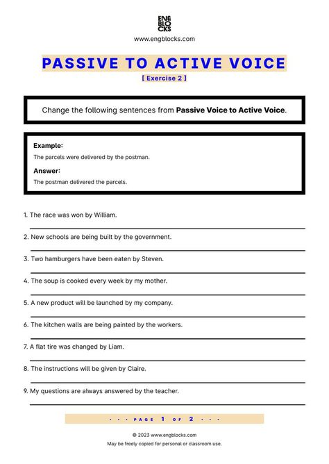 #passivevoice #passivevoiceinenglish #passivevoiceworksheet #english #englishgrammar #esl #eslworksheet #engblocks #eslwebsite Active Voice Worksheet, Tenses Exercises, Voice Change, All Tenses, Active And Passive Voice, Passive Voice, Active Voice, High School Curriculum, English Grammar Worksheets