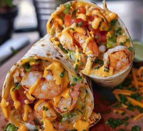 Lobster Burrito Recipe, Easy Shrimp Burrito, Steak And Shrimp Burrito Recipe, Old Bay Shrimp Burritos, Seafood Burrito Recipe, Nachos Shrimp, Shrimp Burrito Recipe, Shrimp Pita, Shrimp Burrito Bowl