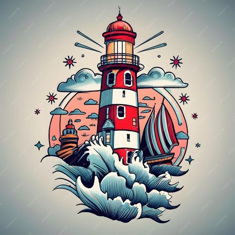 Premium Photo | A stunning fullsleeve oldschool american traditional lighthouse tattoo design flash Traditional Lighthouse Tattoo Design, Lighthouse Tattoo Traditional, American Traditional Lighthouse Tattoo, American Traditional Lighthouse, American Traditional Flash Tattoo, Lighthouse Tattoo Design, Tattoo Lighthouse, Traditional Lighthouse Tattoo, Lighthouse Tattoos