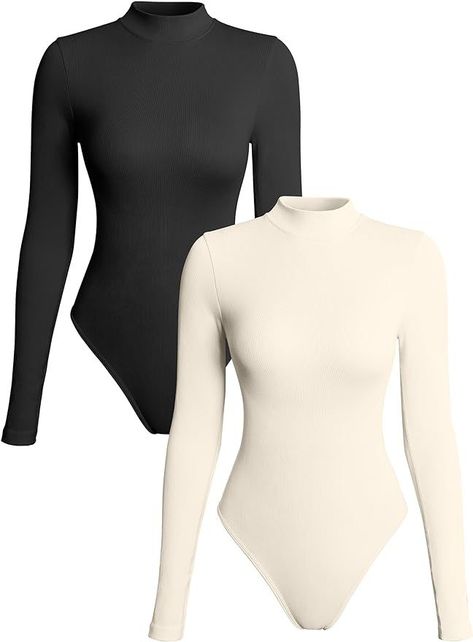 OQQ Women's 2 Piece Bodysuits Sexy Ribbed Turtle Neck Long Sleeve Tops Bodysuits | Amazon (US) Top Amazon Finds, Turtle Neck Long Sleeve, Basic Fits, Long Sleeved Top, Athleisure Fashion, White Bodysuit, Ribbed Turtleneck, Casual Jumpsuit