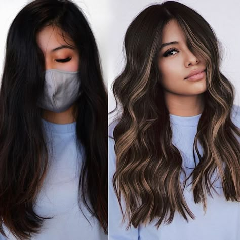 Summer Burnett Balayage, Black Hair Balayage, Money Piece, Balayage Hair Dark, Dark Hair With Highlights, Brown Hair Balayage, Edgy Hair, Brown Hair With Highlights, Hair Inspiration Color