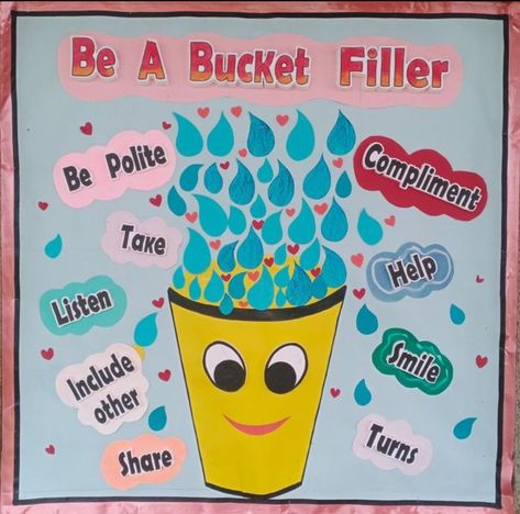 Be A Bucket Filler Bulletin Board, Bucket Filler Bulletin Board Display, Creative Charts For Classroom Ideas, Be A Bucket Filler, Soft Board Decoration, Teachers Day Poster, Soft Board, Bucket Filler, Classroom Charts