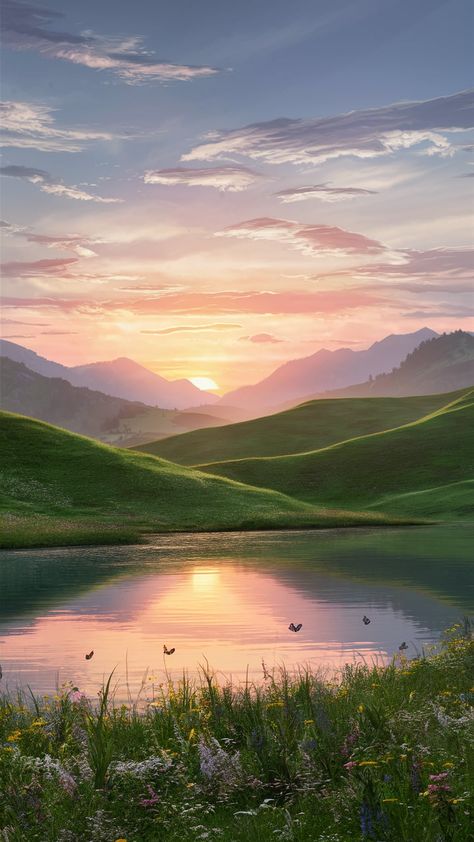 Immerse yourself in the beauty of a serene landscape featuring rolling green hills and a breathtaking sunset. Witness the golden sun dipping below the horizon, painting the sky with pink, orange, and lavender hues. A tranquil lake mirrors the vibrant sky, while wildflowers bloom and delicate butterflies dance among them. Perfect for nature lovers, this stunning wallpaper captures the harmony of nature's beauty. #Sunset #NatureWallpaper #LandscapePhotography #TranquilNature Hills Wallpaper, Rolling Hills Landscape, Horizon Sunset, Sun Rise Painting Sunrises, Sun Rise And Sun Set, Sunrise Through Trees, Sunset Valley, Sunset Hills, Nyc Baby