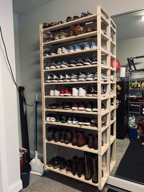 Diy Garage Shoe Storage, Garage Shoe Storage Diy, Garage Shoe Shelves, Shoe Shelve, Garage Shoe, Shoe Rack Diy, Garage Shoe Rack, Garage Shoe Storage, Cottage Build