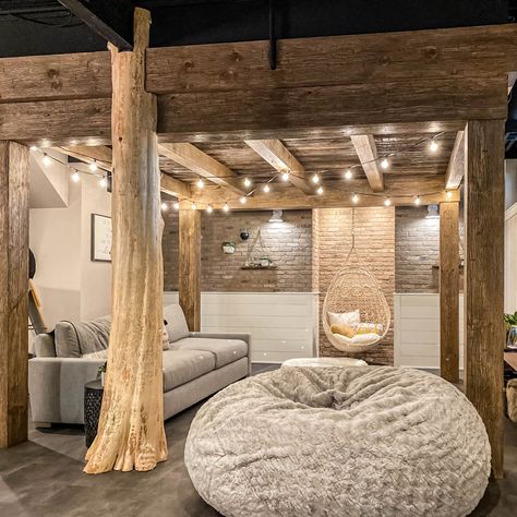 75 Basement Ideas You'll Love - December, 2023 | Houzz Transitional Basement Ideas, Basement Pole Covers, Contemporary Basement Ideas, Home Theater Basement, Transitional Basement, Contemporary Basement, Dream Basement, Cuddle Chair, Hangout Room