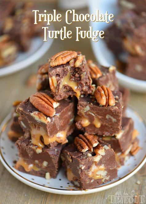 This decadent Triple Chocolate Turtle Fudge features three different types of chocolate and an ooey, gooey caramel center that is hard to resist! Great for gift giving and the holidays! // Mom On Timeout Turtle Fudge Recipe, Turtle Fudge, Best Fudge Recipe, Rocky Road Fudge, Chocolate Turtle, Homemade Fudge Recipes, Mom On Timeout, Chocolate Turtles, Fudge Recipes Easy