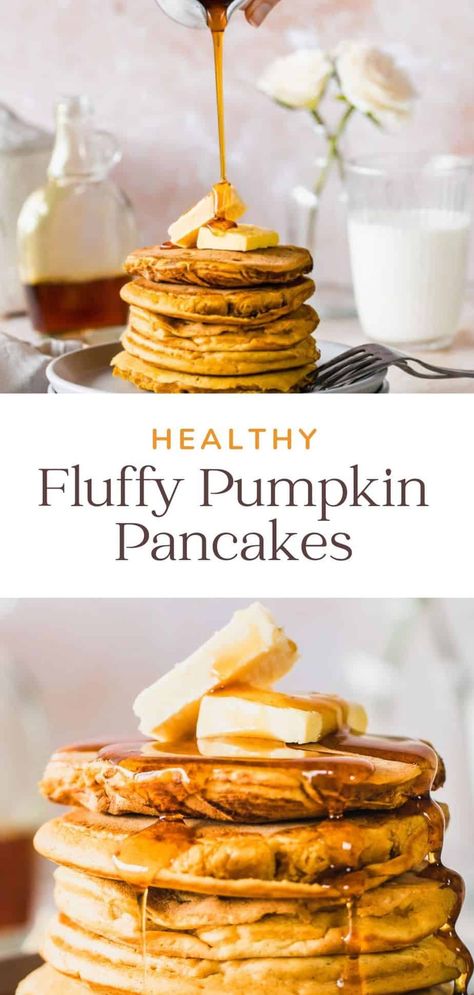 The most delicious Healthy Fluffy Pumpkin Pancakes recipe. The perfect fall breakfast or dessert. Gluten-free and vegan alternatives available. #pumpkin #fall #vegan #breakfast #pancakes Vegan Pumpkin Pancakes, Pumpkin Pancakes Recipe, Fluffy Pumpkin Pancakes, Pumpkin Pancakes Easy, Pumpkin Waffles, Pumpkin Recipes Dessert, Pumpkin Pancakes, Fall Breakfast, Vegan Alternatives