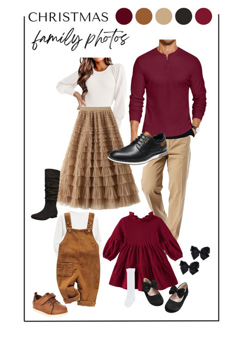 I loveee these browns- golds and burgandy colors! Perfect for you family Christmas outfits! Red Flannel Family Pictures Christmas, Wine Red Dress Family Photos, Christmas Card Outfits For Women, Maroon Dress Family Pictures, Christmas Outfit Ideas For Family Photos, Santa Photos Outfits, Christmas Family Photo Outfit Ideas, Plus Christmas Outfit, Photos With Santa Outfit