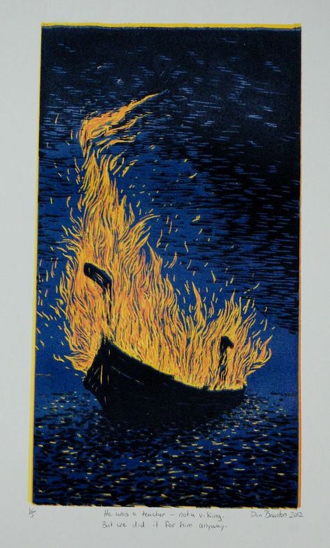 viking funeral Reductive Relief Print, Fire Linocut, Fire Illustration Art, Water Linocut, Reductive Linocut, Print Linoleum, Wood Cut Print, Lino Carving, Woodblock Printmaking