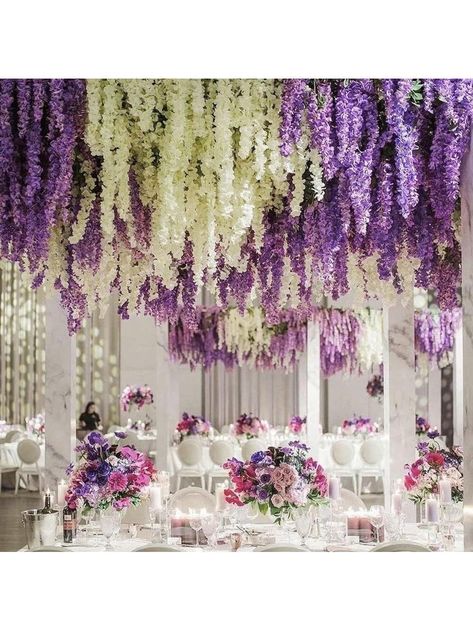 Artificial Wisteria Hanging Flowers Artificial Fake Wisteria Vine Rattan Hanging Garland Flowers String For Wall Home Wedding Party Outdoor Greenery Decorations Purple         Kitchen & Dining, size features are:Bust: ,Length: ,Sleeve Length: Witchy Room Aesthetic, Greenery Decorations, Fake Wisteria, Outdoor Greenery, Fall Backgrounds Iphone, Wisteria Vine, Autumn Living Room, Modern Makeup Vanity, Purple Home Decor