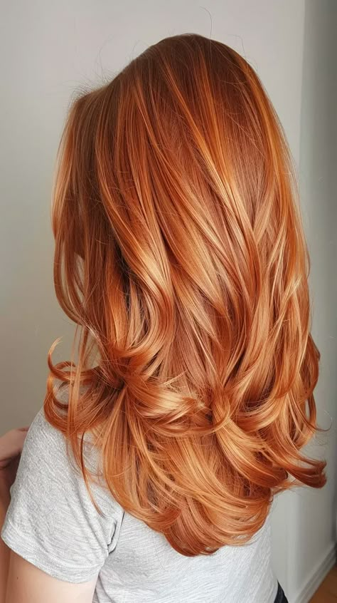 Copper Hair For Tan Skin, Fun Copper Hair, Dark Root Orange Hair, Fall Hair Colors Copper Blonde, Copper Hair With Red Highlights, Red Blonde Color Block, Long Red Hair With Blonde Highlights, Copper Red And Blonde Hair, Copper And Blonde Balayage Short Hair